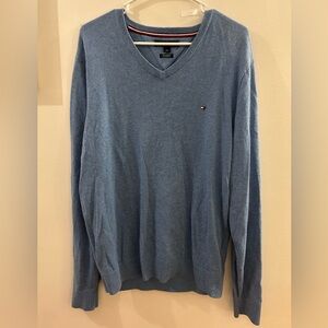 Tommy Hilfiger Mens L Blue Cashmere Pima Cotton V Neck Pullover Sweater Classic